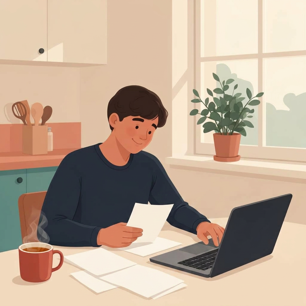 A person calmly sorting bills and a laptop at a kitchen table.